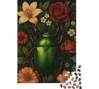 Puzzle Da 1000 Pezzi Per Adolescenti Glowing Green Beetle with Flowers Puzzle Per Adolescenti Gioco Pratico Migliora La Memoria Regali Per Amici E Familiari 52x38cm/1000pcs