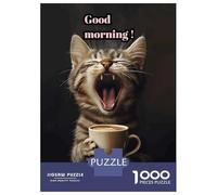 Puzzle Da 1000 Pezzi Per Adolescenti Good Morning Cat with Coffee Puzzle Per Adulti Gioco Pratico Assemblaggio Di Modelli Per Compleanno, Natale 38x26cm/1000pcs