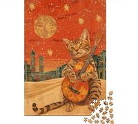 Puzzle Da 1000 Pezzi Per Adolescenti Guitar Playing Cat Art Print-3 Puzzle Per Adulti Giochi Divertenti Regali Per Donne Per Compleanno, Natale 52x38cm/1000pcs