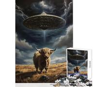 Puzzle da 1000 pezzi per adolescenti Highland Cow UFO Abduction Decorazione per la casa Giocattoli Regalo Compleanno Gioco pratico con poster abbinato e foglio di quiz Dimensioni 50x75cm