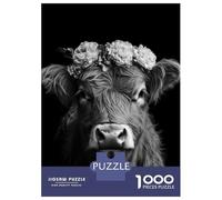 Puzzle Da 1000 Pezzi Per Adolescenti Highland Cow with Flower Crown Black And White Photo Portrait Puzzle Per Adulti Giochi Divertenti Migliora La Memoria Regali Unici Per Compleanni E Occasioni Speci