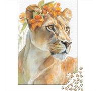Puzzle Da 1000 Pezzi Per Adolescenti Lioness with Flowers Watercolor Print Adolescenti Puzzle Giochi Rilassanti Difficili Regali Difficili Per Amici E Familiari 52x38cm/1000pcs