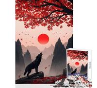 Puzzle da 1000 pezzi per adolescenti Lupo che ulula sotto il sole rosso e albero Decorazione per la casa Giocattoli Idee regalo Gioco rompicapo con poster abbinato e foglio di quiz Dimensioni 50x75cm