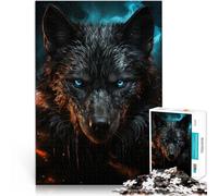 Puzzle da 1000 pezzi per adolescenti lupo nero con gli occhi azzurri Sollievo dallo stress con poster abbinato e foglio di quiz 52x38cm