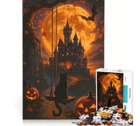 Puzzle da 1000 pezzi per adolescenti, Notte di Halloween con gatto nero e castello, decorazione da parete, passatempo ideale per le vacanze a casa, per rafforzare il legame di coppia 38x26cm