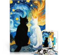 Puzzle da 1000 pezzi per adolescenti Notte stellata Gatto nero e gatto bianco Romantico Gioco a quiz è ideale come regalo per tutta la famiglia 52x38cm