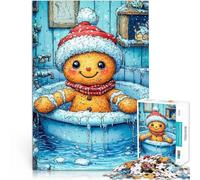 Puzzle da 1000 pezzi per adolescenti Omino di pan di zenzero in un bagno innevato a Natale Assemblaggio del modello decorazione murale 75x50cm