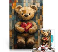 Puzzle da 1000 pezzi per adolescenti Orsacchiotto con cuore in stile vetro colorato Gioco di famiglia per e Decorazione della casa 38x26cm