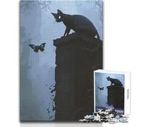 Puzzle da 1000 pezzi per adolescenti "Osservatore dell'ignoto", gatto nero e farfalla Gioco di sfida unico, ma anche opera d'arte divertente e umoristica, formato regalo 38x52cm