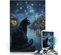 Puzzle da 1000 pezzi per adolescenti Paesaggio urbano notturno del gatto nero - Gatto nella notte stellata Gioco educativo per famiglie Regalo divertente 52x38cm