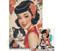 Puzzle da 1000 pezzi per adolescenti, pin-up asiatica con gatto e fiori rossi, gioco impossibile, divertente attività da fare in casa, compleanno e Natale 38x52cm