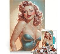 Puzzle da 1000 pezzi per adolescenti, pin-up bionda in abito blu, giocattolo educativo, decorazione per la casa, compleanni e occasioni speciali 50x75cm