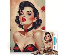 Puzzle da 1000 pezzi per adolescenti,pin-up bruna,rose rosse,ritratto,bordi netti,gioco di concentrazione mentale,gioco lento,divertente,regalo di compleanno (50x75cm)