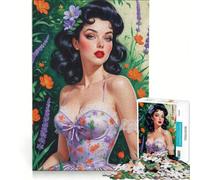 Puzzle da 1000 pezzi per adolescenti, pin-up mora in abito floreale, giochi rilassanti, divertenti e umoristici, gioco di sfida unico 38x26cm