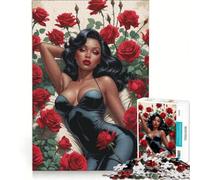 Puzzle da 1000 pezzi per adolescenti, pin-up nera con sexy body nero tra rose rosse, gioco impossibile, interazione genitore-figlio, regalo stimolante 38x26cm