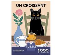 Puzzle Da 1000 Pezzi Per Adolescenti Puzzle Black Cat with Croissant And Coffee Puzzle Per Adulti Gioco Pratico Ma Divertente E Umoristico Aiuta Ad Allenare Il Cervello 70x50cm/1000pcs