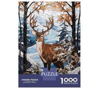 Puzzle Da 1000 Pezzi Per Adolescenti Puzzle Deer Snowy Stained Glass Puzzle Per Adulti Giochi Rilassanti Che Migliorano La Memoria Regali Di Compleanno E Unici 38x26cm/1000pcs