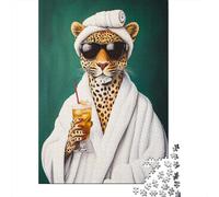 Puzzle Da 1000 Pezzi Per Adolescenti Puzzle Leopard in Bathrobe with Cocktail Puzzle Giochi Per Famiglie Corsa Di Velocità Manuale Regali Di Compleanno E Unici 38x26cm/1000pcs