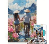 Puzzle da 1000 pezzi per adolescenti, raffigurante una coppia in bicicletta in un campo di loto Gioco impossibile, sfida difficile, regalo per amici e familiari 50x75cm