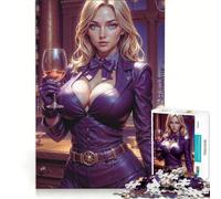 Puzzle da 1000 pezzi per adolescenti, raffigurante una donna bionda in tailleur viola con vino, decorazione da parete, regalo di compleanno, adatto per la decorazione della scrivania 38x26cm