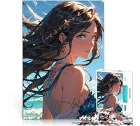 Puzzle da 1000 pezzi per adolescenti Ragazza anime con vista sull'oceano Giocattoli fai da te con poster abbinato e foglio di quiz 38x26cm