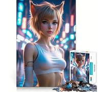 Puzzle da 1000 pezzi per adolescenti Ragazza con orecchie da gatto in una città al neon,puzzle logico con taglio pulito,gioco di svago,regalo di compleanno (50x75cm)
