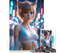 Puzzle da 1000 pezzi per adolescenti ragazza con orecchie da gatto in una città al neonGioco a incastro,attività stimolante per la mente,momento di relax,attività per il compleanno (38x26cm)