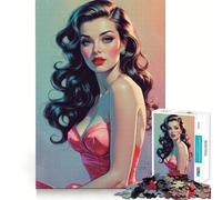 Puzzle da 1000 pezzi per adolescenti,ragazza mora pin-up in abito rosa aderente,gioco intelligente,attività per la mente,momento di relax,attività per il compleanno (38x52cm)