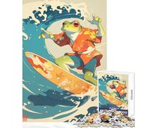 Puzzle da 1000 pezzi per adolescenti Rana surfista che cavalca un'onda Giocattoli antistress Regalo di compleanno Gioco rompicapo con poster abbinato e foglio di quiz Dimensioni 38x52cm