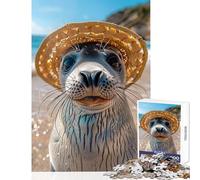 Puzzle da 1000 pezzi per adolescenti Sigillo in un cappello di paglia Giocattoli antistress Regali di Babbo Natale segreto Gioco pratico Interazione genitore-figlio Dimensioni 50x75cm