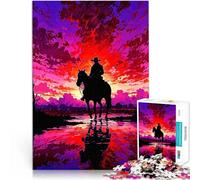 Puzzle da 1000 pezzi per adolescenti Silhouette di cowboy al tramonto Gioco intellettuale con pezzi completamente interconnessi di forma casuale 52x38cm