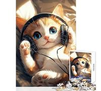 Puzzle da 1000 pezzi per adolescenti simpatico gatto con cuffie giocattoli antistress regali di Babbo Natale segreto gioco impossibile aiuta a esercitare il cervello dimensioni 38x52cm