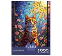 Puzzle Da 1000 Pezzi Per Adolescenti Stained Glass Cat with Flowers Puzzle Giochi Rilassanti Ma Divertenti E Spiritosi Regalo Di Compleanno, Regali, 52x38cm/1000pcs
