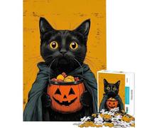 Puzzle da 1000 pezzi per adolescenti stile retrò Halloween gatto nero con secchiello di zucca gioco per famiglie giocattolo educativo regalo di compleanno divertente e umoristico (dimensioni 38x26cm)