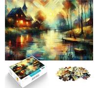 Puzzle da 1000 pezzi per adolescenti Sunset Village sul lago Allena il tuo cervello e le tue mani con poster abbinato e foglio di quiz 70x100cm
