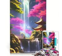 Puzzle da 1000 pezzi per adolescenti: Tempio con cascata al neon gioco divertente allena la mente e la mano migliora l'amore tra le coppie 38x52cm