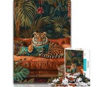 Puzzle da 1000 pezzi per adolescenti Tigre sul divano, modello da assemblare, con poster abbinato e scheda di curiosità per bambini dai 14 anni in su, 38x26cm