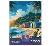 Puzzle Da 1000 Pezzi Per Adolescenti Tropical Beach with Colorful Huts And Parrot Puzzle Per Adulti Gioco Pratico Assemblaggio Di Modelli Per Compleanno, Natale 38x26cm/1000pcs