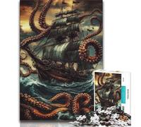 Puzzle da 1000 pezzi per adolescenti "Una nave intrappolata nei tentacoli", puzzle da 1000 pezzi con poster abbinato e foglio di quiz per ragazzi dai 14 anni in su (dimensioni 75x50cm)