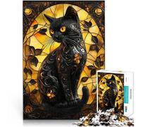 Puzzle da 1000 pezzi per adolescenti Vetrata con gatto nero Giochi educativi Decorazione della casa con poster abbinato e foglio di quiz 75x50cm