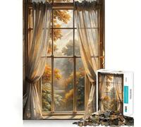 Puzzle da 1000 pezzi per adolescenti,vista autunnale attraverso la finestra con tende,incastro perfetto,gioco artistico per stimolare la mente,regalo per il tempo libero,Natale e svago (38x26cm)