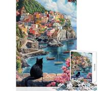 Puzzle da 1000 pezzi per adolescenti vista del gatto su una città costiera puzzle per adulti giocattolo decorativo da parete difficile ideale come regalo per tutta la famiglia (dimensioni 38x26cm)