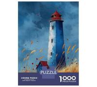 Puzzle Da 1000 Pezzi Per Adolescenti Watercolor Lighthouse Art Blue Lighthouse with Grasses Calm Coastal Print Puzzle Per Adulti Giochi Divertenti Assemblaggio Di Modelli Regali Unici Per Compleanni