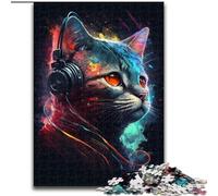 Puzzle da 1000 pezzi per adulti, a forma di gatto con cuffie, in legno, ideale per il divertimento in famiglia, regalo perfetto per feste e compleanni(50x75cm)