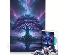 Puzzle da 1000 pezzi per adulti "Albero mistico sotto un cielo aurora boreale" gioco educativo difficile e stimolante ideale come regalo 38x26cm