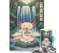 Puzzle da 1000 pezzi per adulti: Axolotl che mangia ramen vicino a una cascata, gioco divertente, interazione genitore-figlio, gioco stimolante, regalo 50x75cm