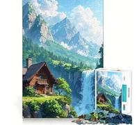 Puzzle da 1000 pezzi per adulti baita vicino a una cascata in un paesaggio montano Pezzi ben definiti Gioco di abilità mentale Divertimento e relax Scena natalizia (50x75cm)