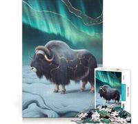 Puzzle da 1000 pezzi per adulti: Bue muschiato sotto l'aurora boreale gioco educativo difficile e stimolante ideale come regalo 38x26cm