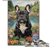 Puzzle da 1000 pezzi per adulti, Bulldog francese con fiori, in legno, idea regalo per le feste, opera d'arte umoristica, disegno dettagliato, dimensioni 50X75cm