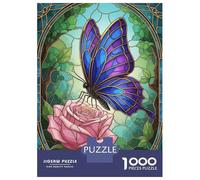 Puzzle Da 1000 Pezzi Per Adulti Butterfly on Rose Stained Glass Art Puzzle Per Adulti Gioco Rompicapo Regalo Di Compleanno Difficile Da Completare 38x26cm/1000pcs